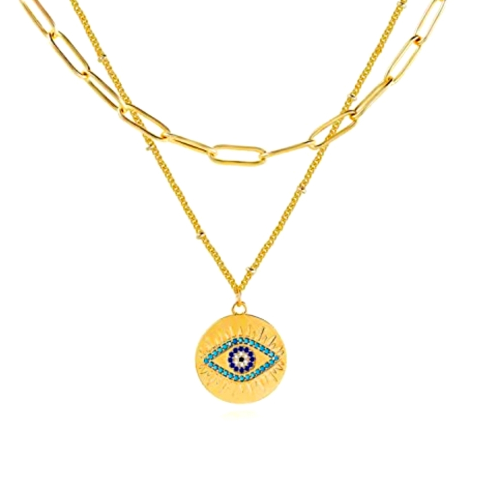 18k Gold Evileye Medallion Paperclip Double Chain Choker Necklace NWT - Picture 1 of 3